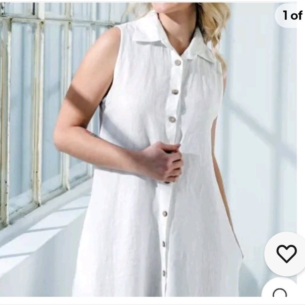 Everlilly Linen Rayon Blend White Button Front Shirt Dress Sleeveless Size M